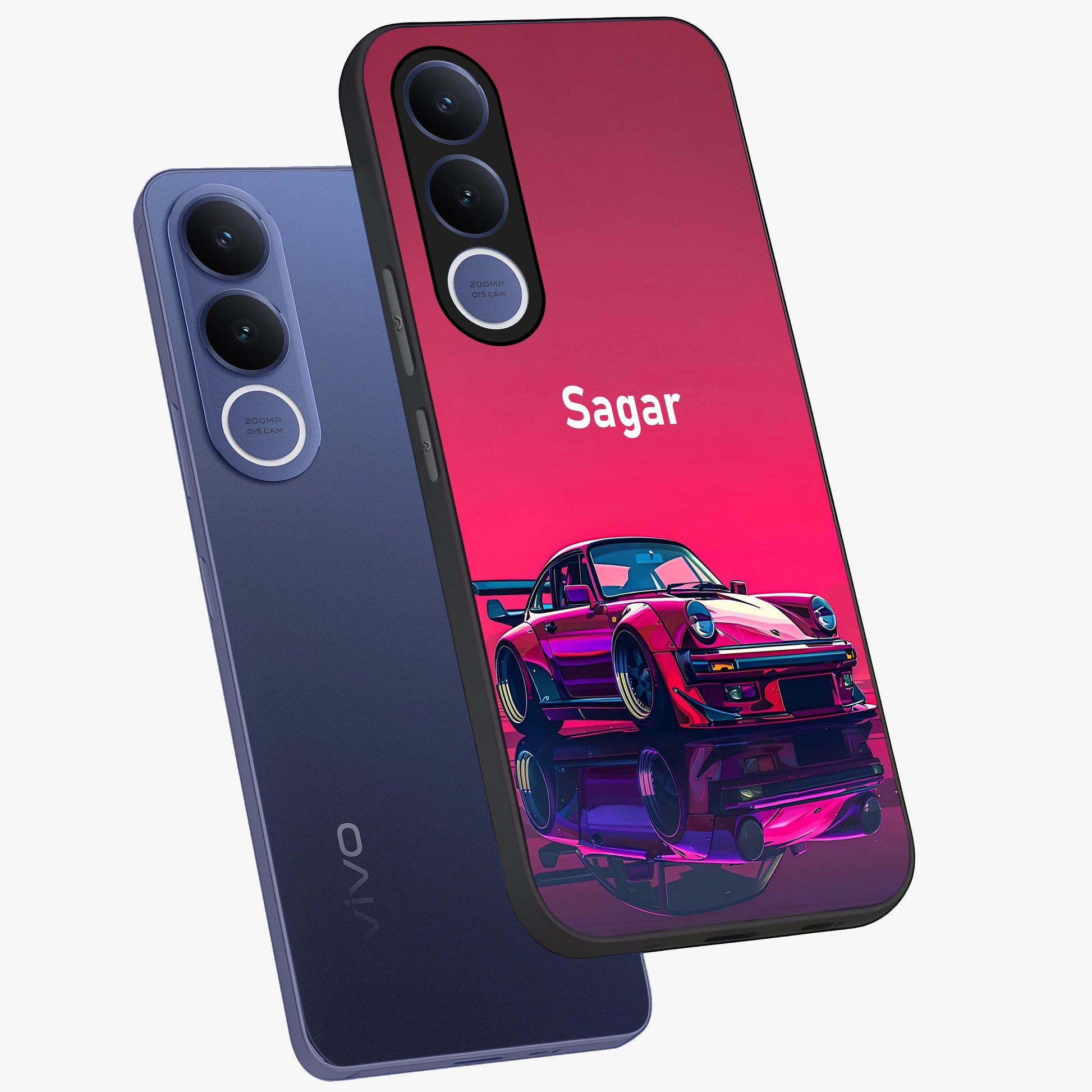 Neon Pink Porsche Glass Case displayed in angled mockup highlighting sleek neon pink car design with racing aesthetic.