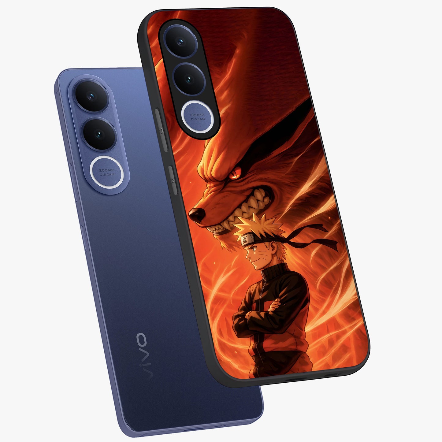 Nine Tails Legacy Glass Case displayed in angled mockup highlighting dynamic anime beast illustration with bold mystical aesthetic.