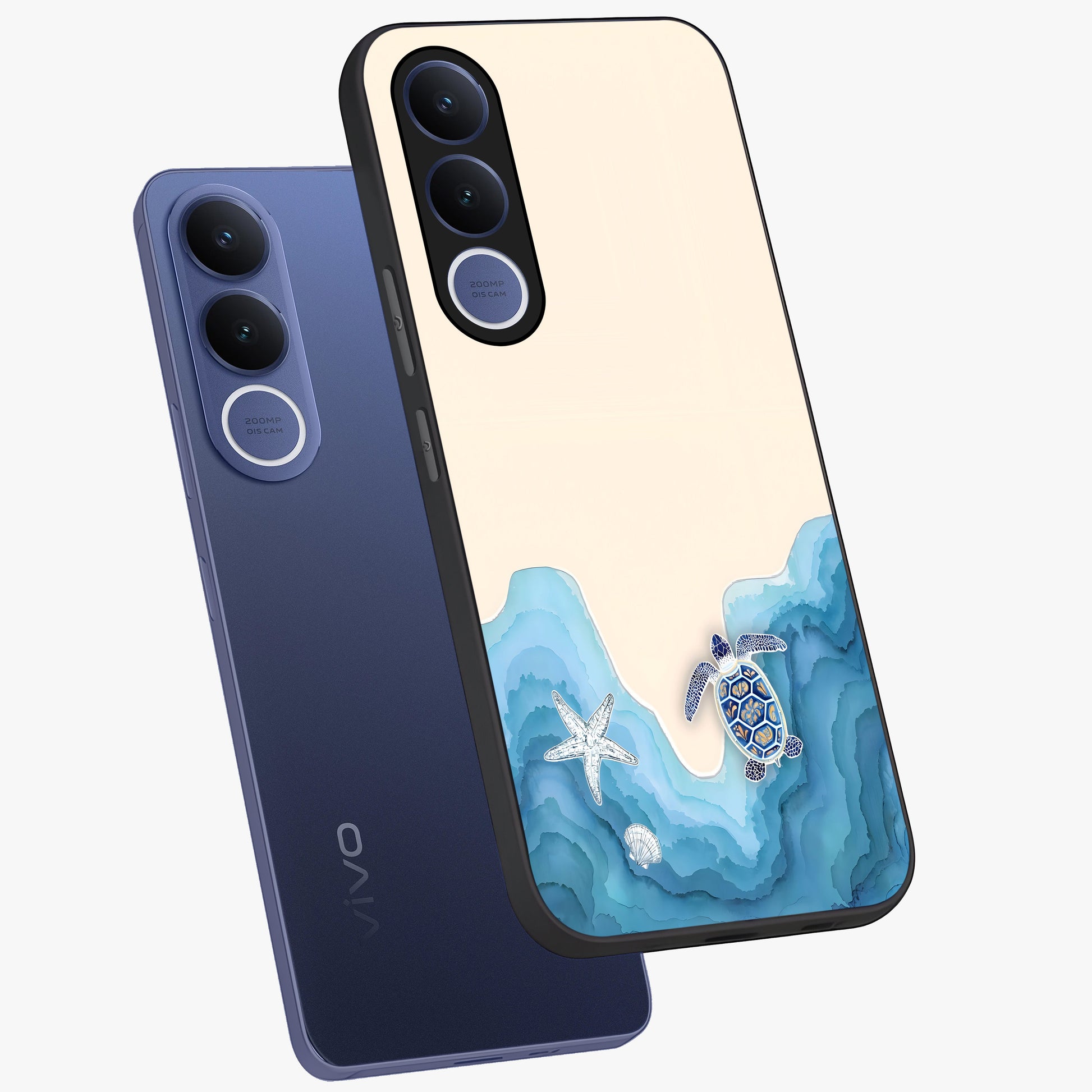 Ocean Drift Turtle Glass Case displayed in angled mockup highlighting peaceful ocean turtle illustration with marine aesthetic.