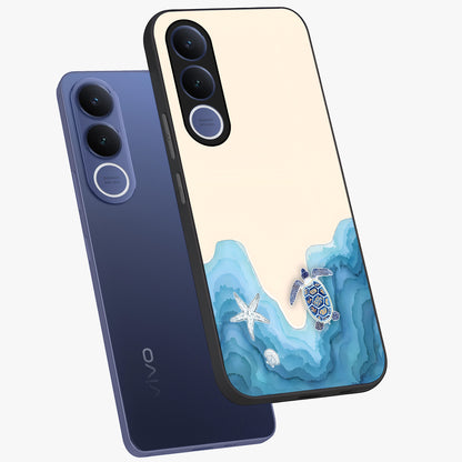 Ocean Drift Turtle Glass Case displayed in angled mockup highlighting peaceful ocean turtle illustration with marine aesthetic.