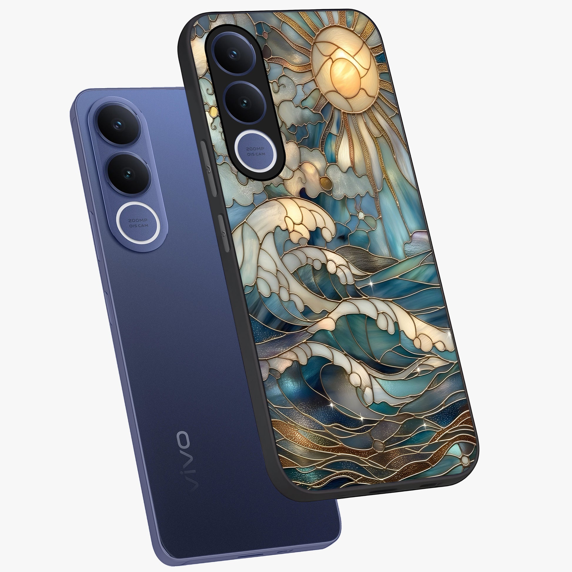 Oceanic Stained Printed Glass Case displayed in angled mockup highlighting colorful aquatic design with artistic aesthetic style.