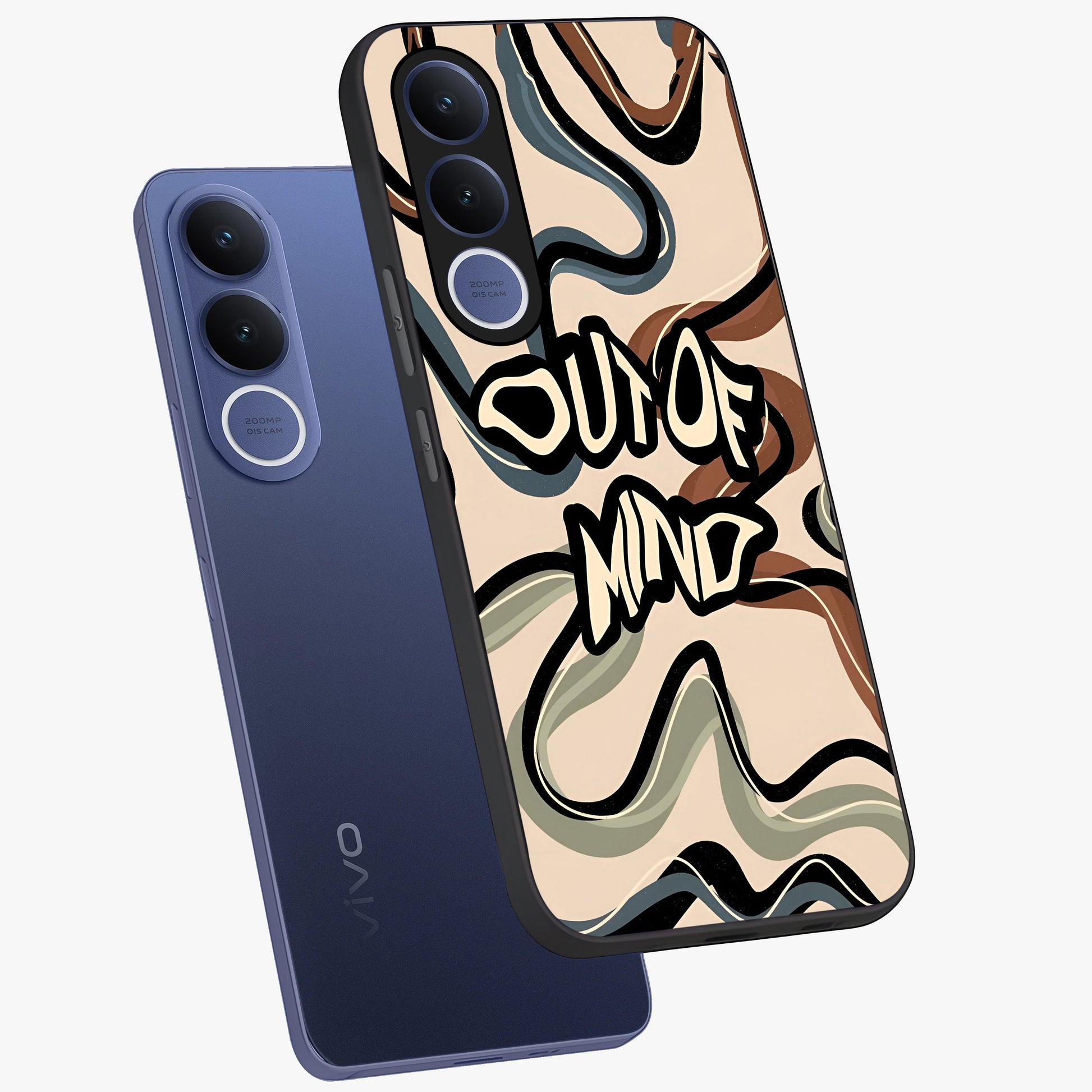 Out Of Mind Glass Case displayed in angled mockup highlighting bold statement design with modern artistic aesthetic.