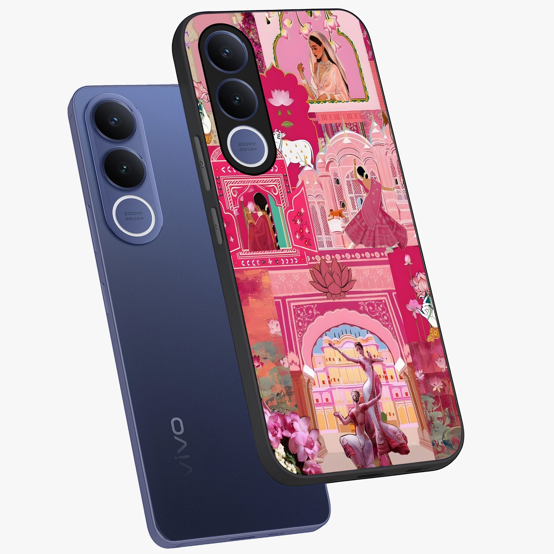 Pink Palace Muse Glass Case displayed in angled mockup highlighting dreamy palace illustration with soft pink aesthetic.