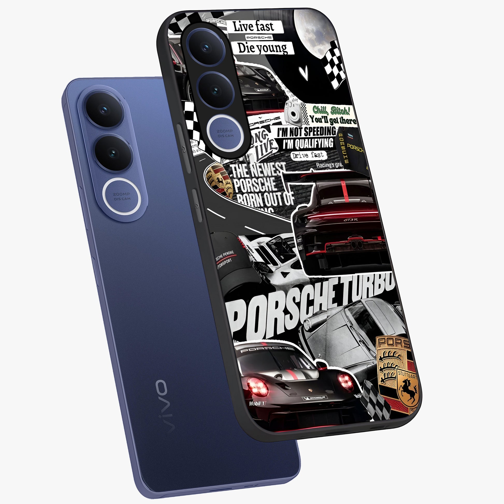 Porsche Racing Collage Glass Case displayed in angled mockup highlighting dynamic automotive design with bold racing aesthetic.