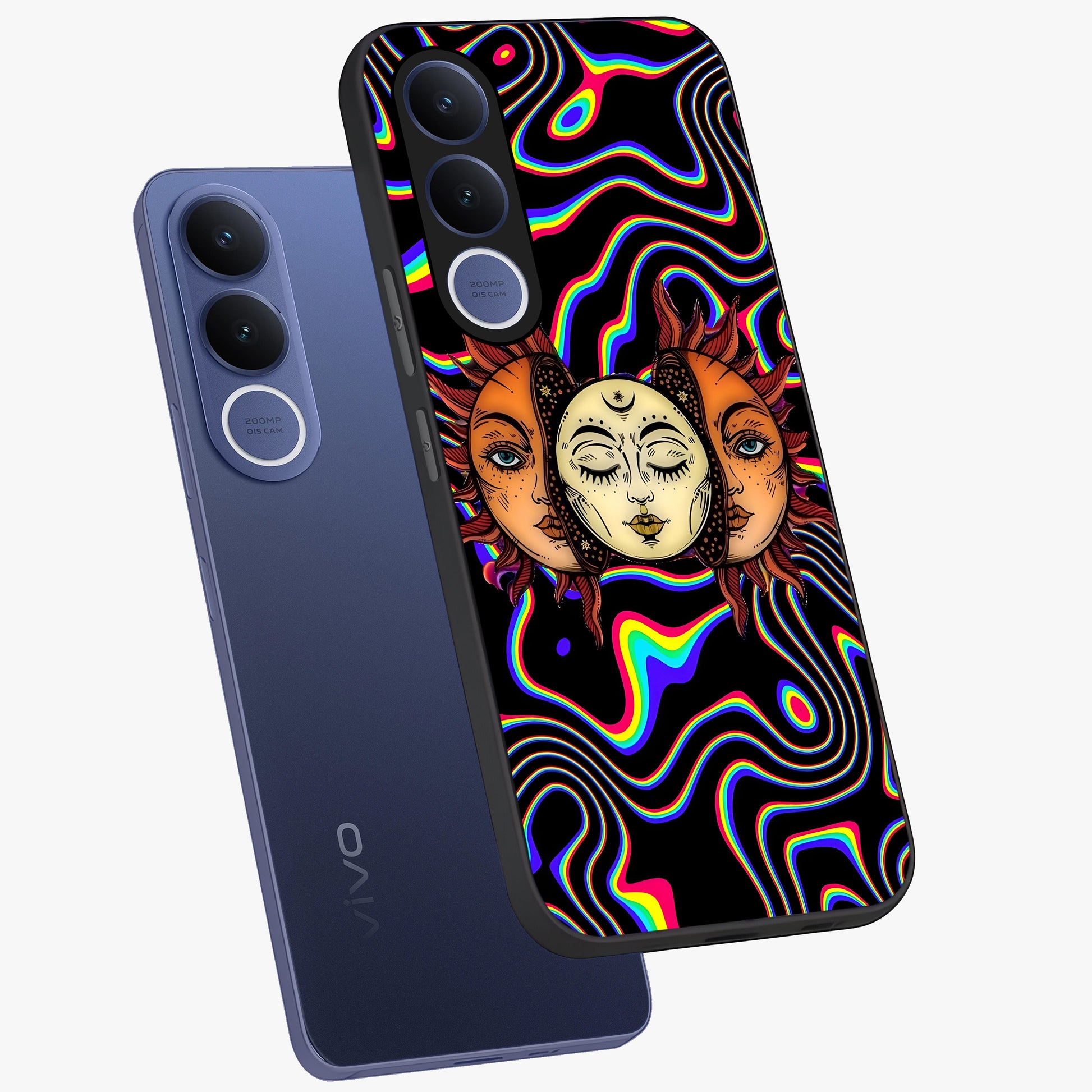 Psychedelic Sun Glass Case displayed in angled mockup highlighting vibrant abstract sun design with artistic aesthetic style.