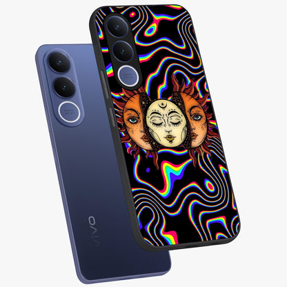 Psychedelic Sun Glass Case displayed in angled mockup highlighting vibrant abstract sun design with artistic aesthetic style.