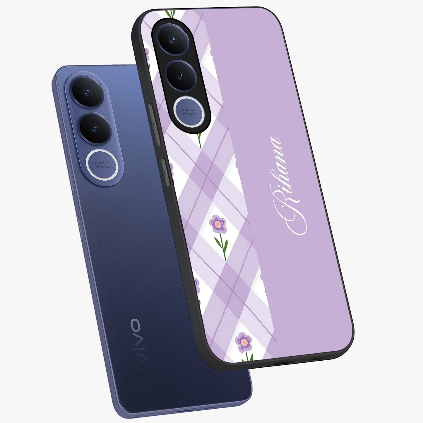 Purple Diamond Floral Glass Case displayed in angled mockup highlighting elegant purple flower design with decorative pattern.