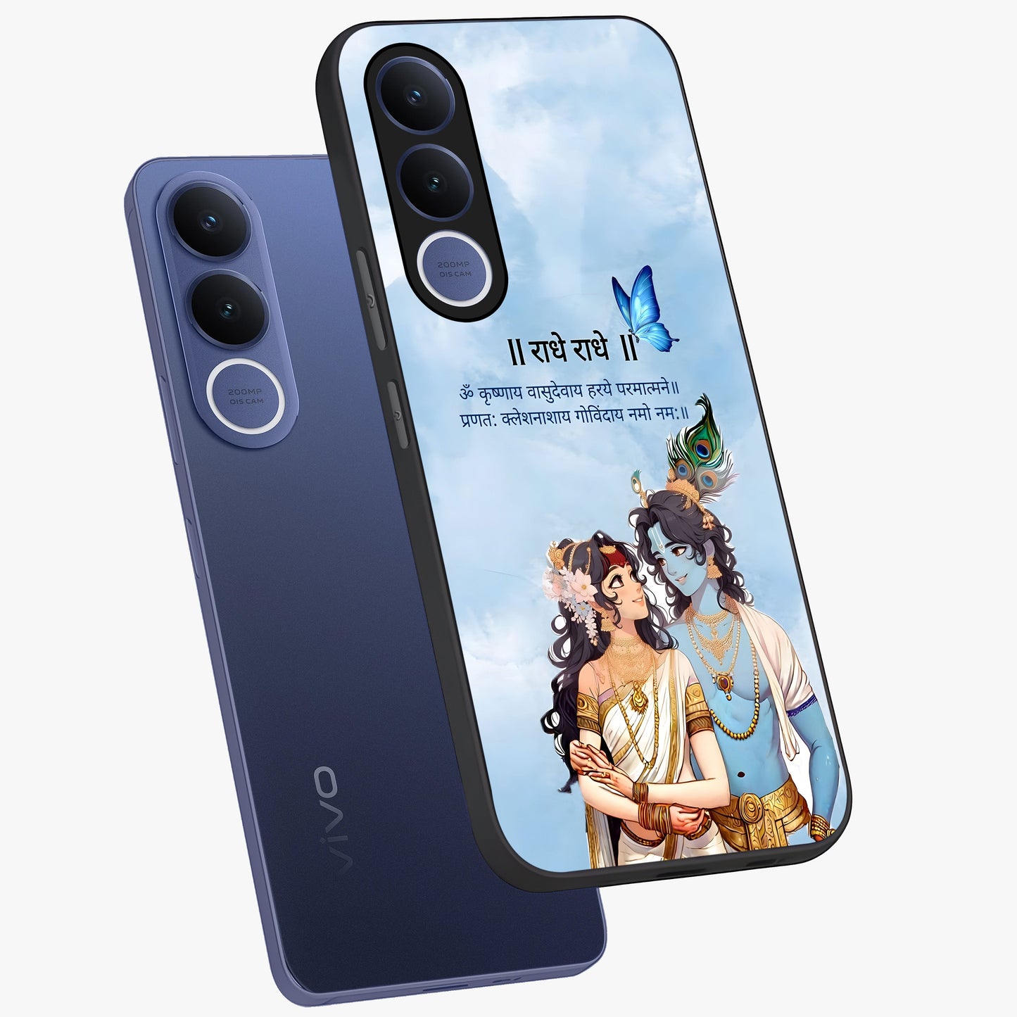 Radha Krishna Eternal Glass Case displayed in angled mockup highlighting divine Radha Krishna illustration with spiritual aesthetic.