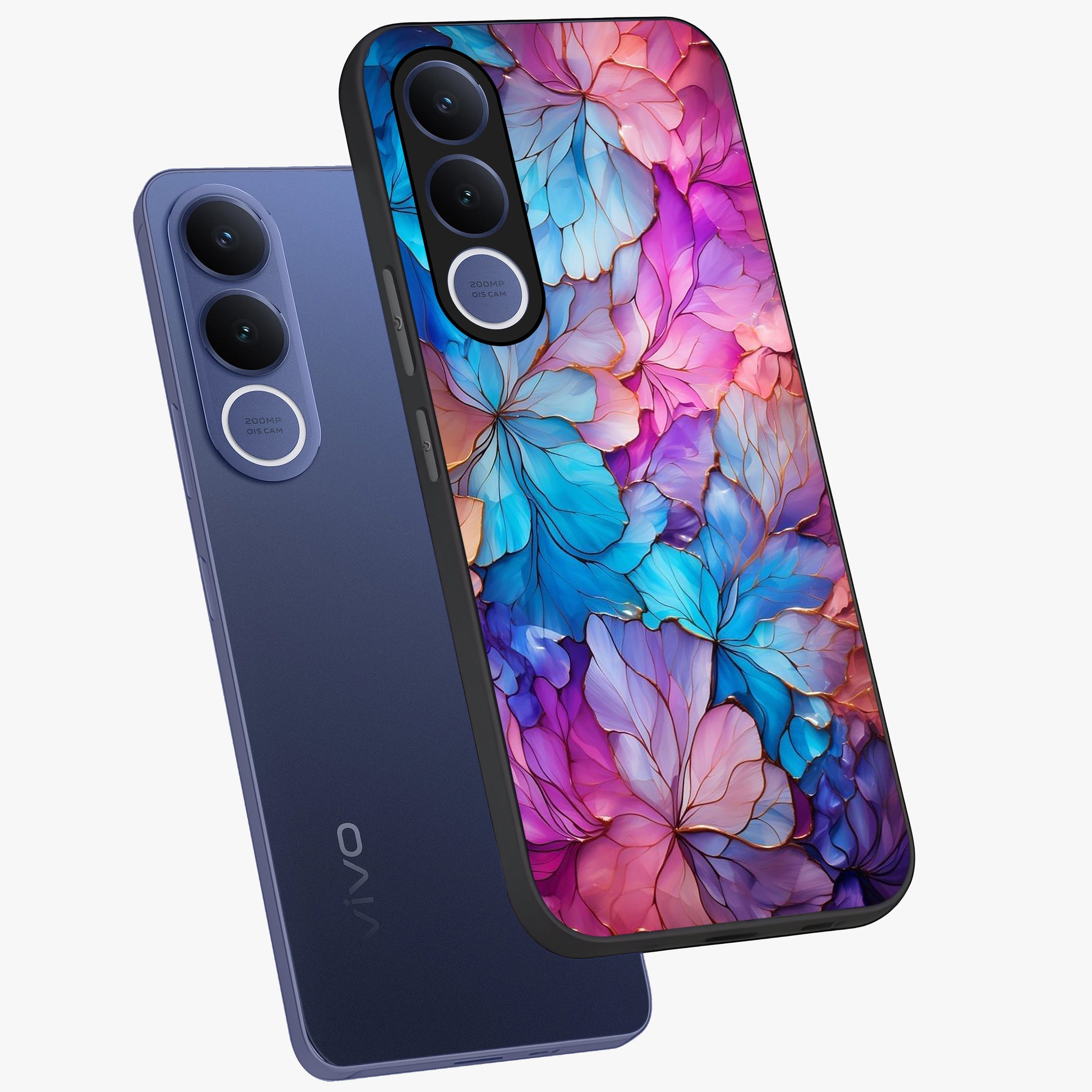 Radiant Floral Whirl Glass Case displayed in angled mockup highlighting vibrant flower pattern with dynamic artistic aesthetic.