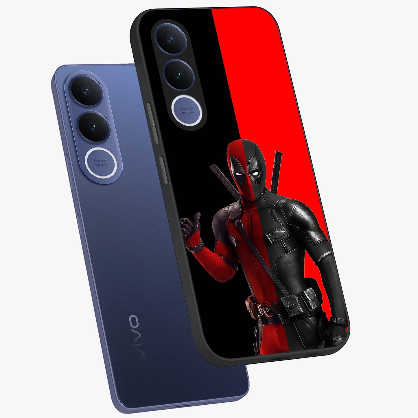 Red & Black Deadpool Theme Glass Case displayed in angled mockup highlighting vibrant superhero style illustration with action aesthetic.