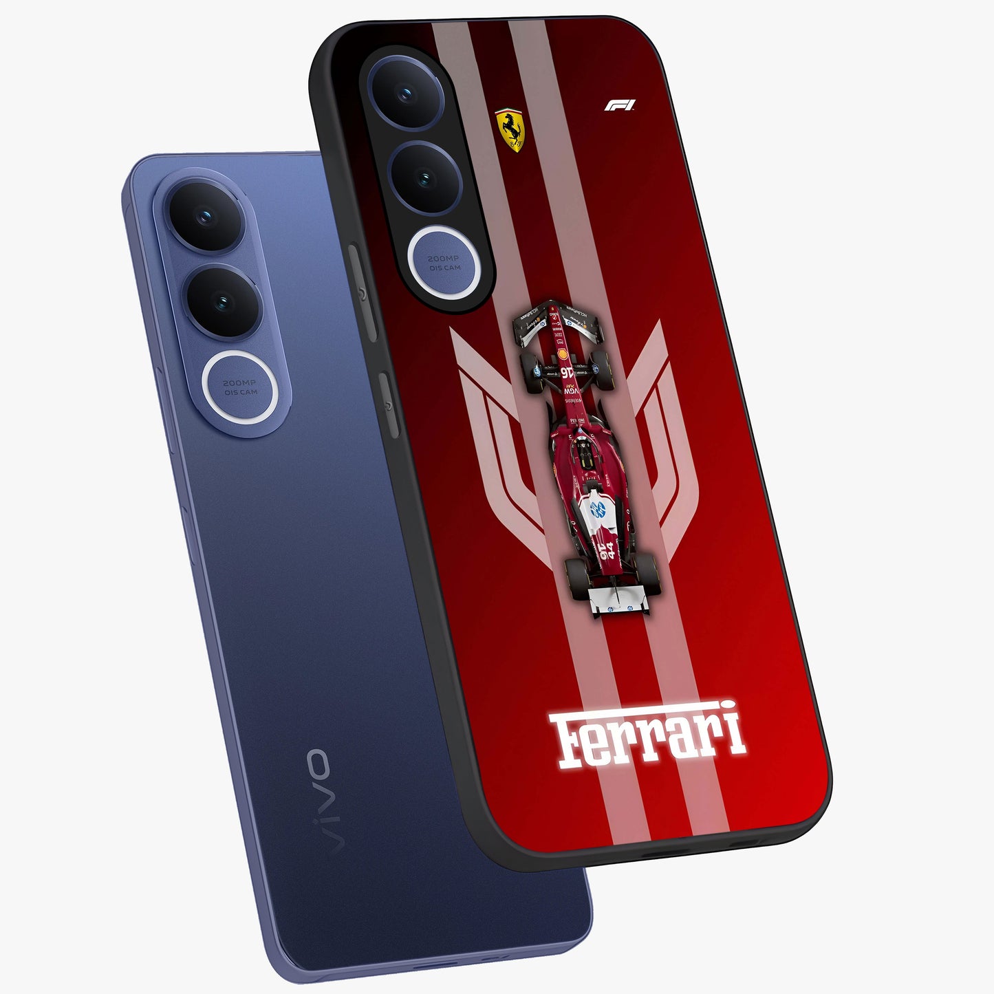 Red Ferrari F1 Vertical Glass Case displayed in angled mockup highlighting high speed racing design with bold automotive aesthetic.