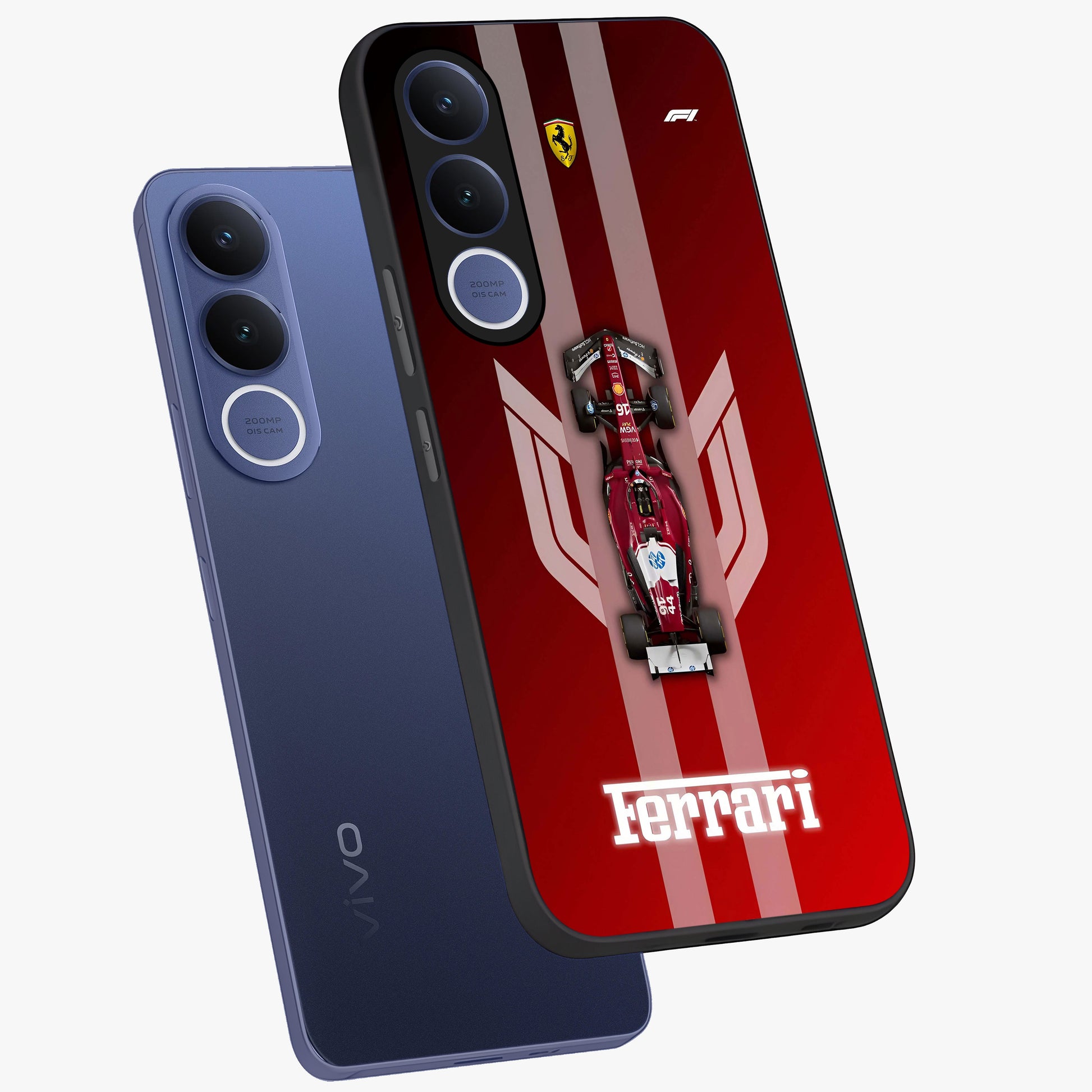 Red Ferrari F1 Vertical Glass Case displayed in angled mockup highlighting high speed racing design with bold automotive aesthetic.