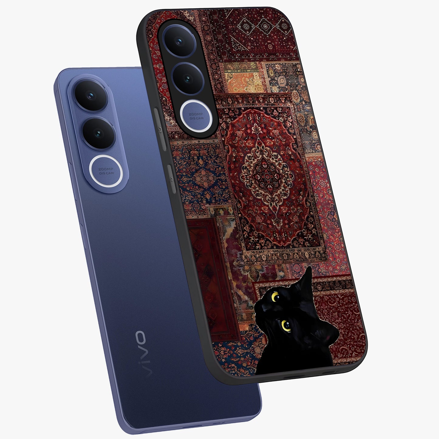 Regal Magic Cat Apple Glass Case displayed in angled mockup highlighting whimsical feline design with fantasy aesthetic.