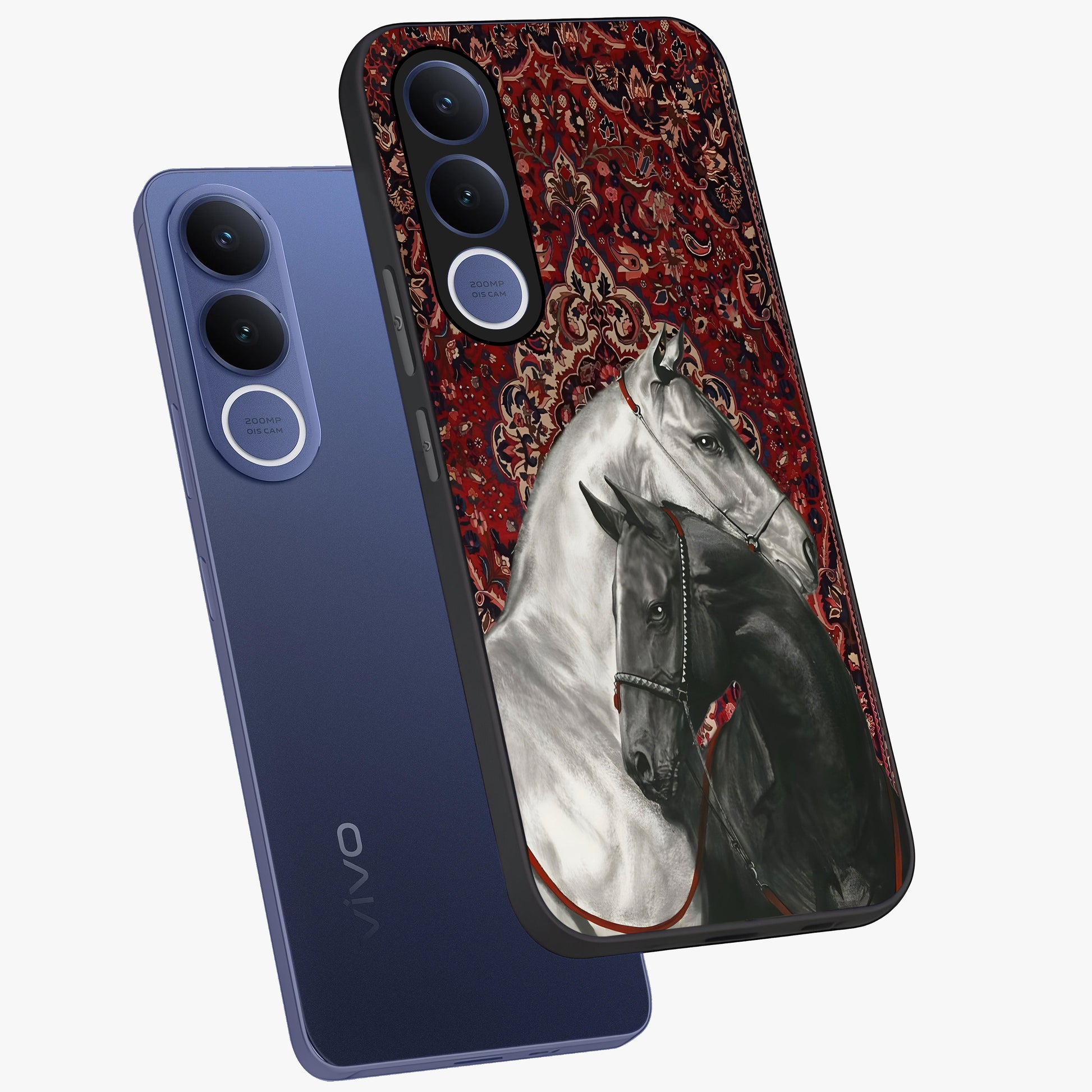 Regal Stallion Tapestry Glass Case displayed in angled mockup highlighting royal stallion design with decorative heritage aesthetic.