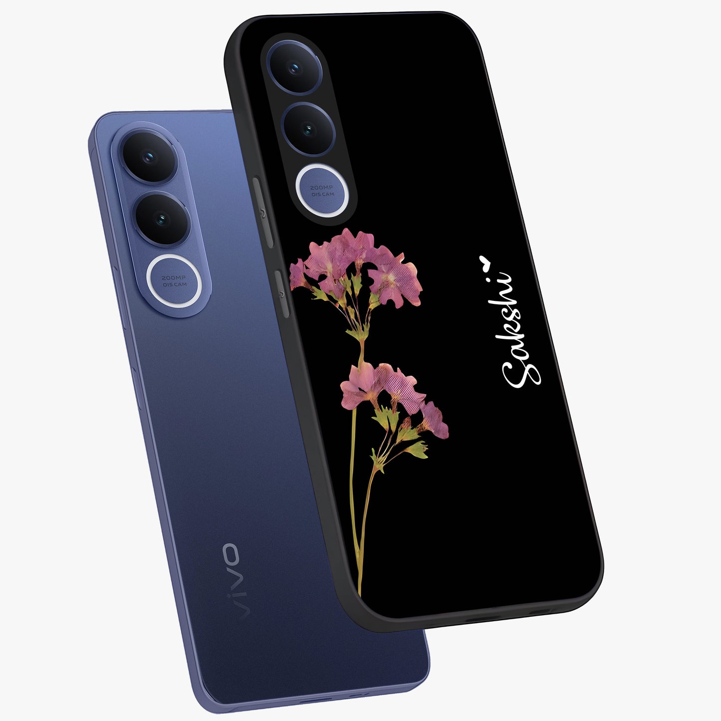 Riching Lavender Flower Custom Name Glass Case displayed in angled mockup highlighting delicate lavender flower design with custom name feature.