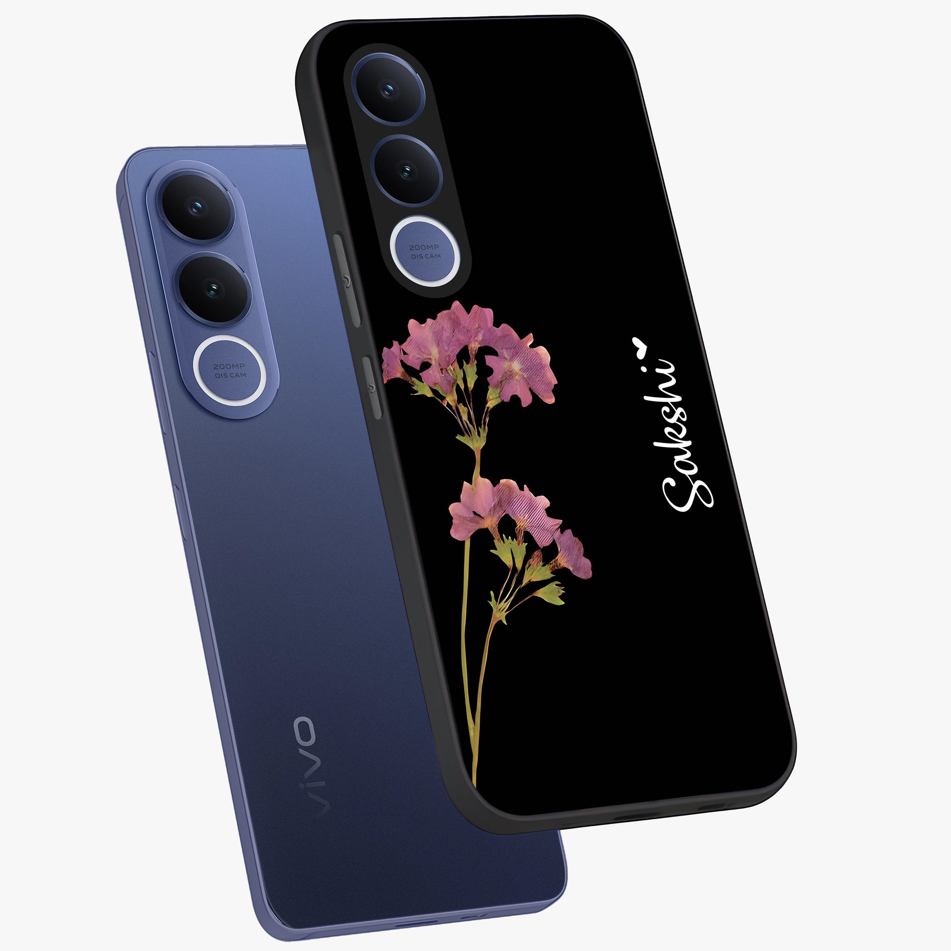 Riching Lavender Flower Custom Name Glass Case displayed in angled mockup highlighting delicate lavender flower design with custom name feature.