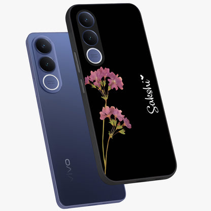 Riching Lavender Flower Custom Name Glass Case displayed in angled mockup highlighting delicate lavender flower design with custom name feature.