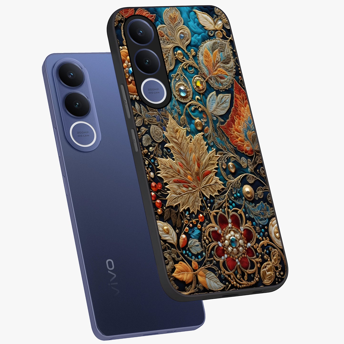 Royal Jewel Garden Glass Case displayed in angled mockup highlighting vibrant jewel inspired floral design with elegant aesthetic.