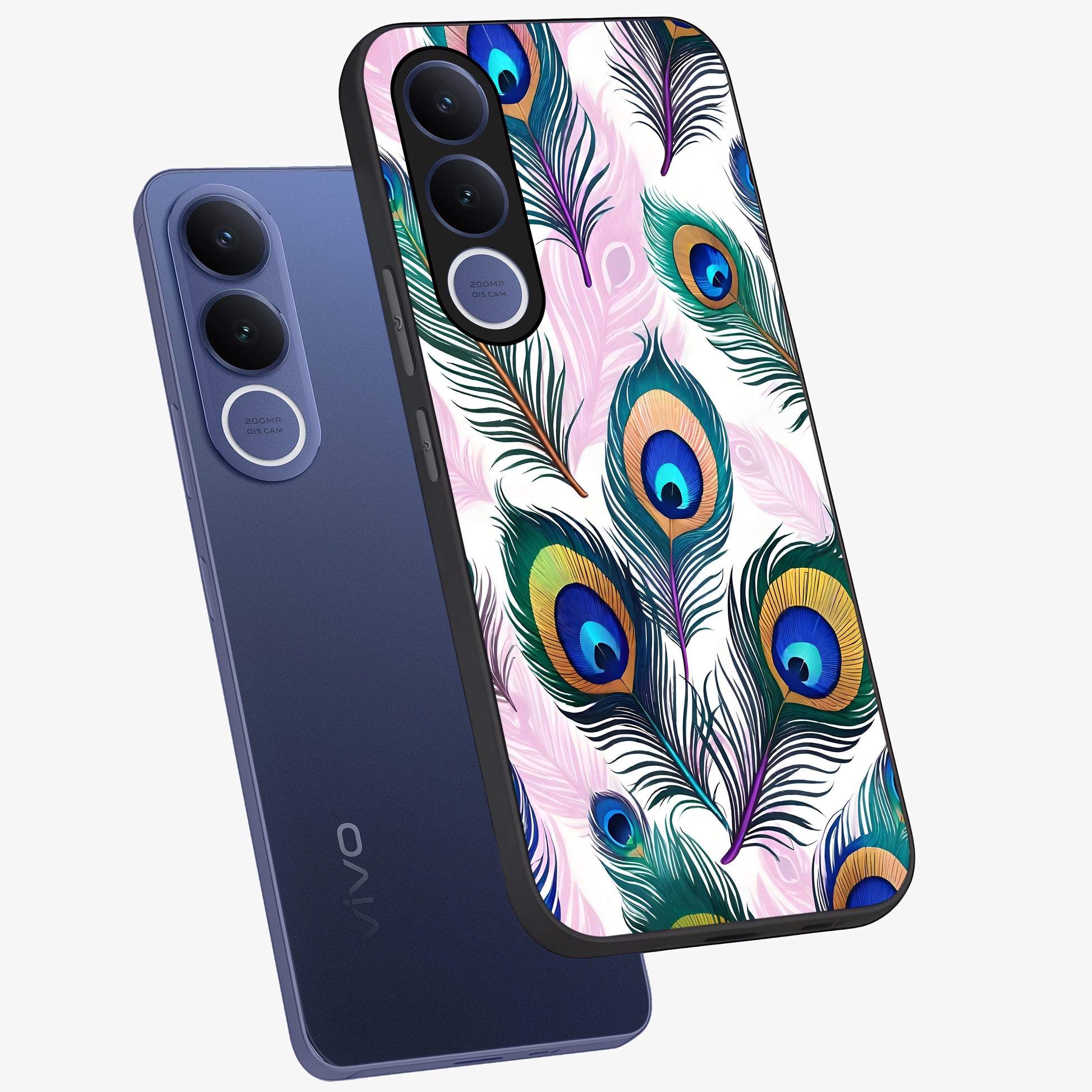 Royal Peacock Feathers Glass Case displayed in angled mockup highlighting vibrant feather pattern with regal aesthetic style.
