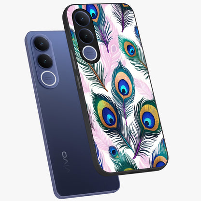 Royal Peacock Feathers Glass Case displayed in angled mockup highlighting vibrant feather pattern with regal aesthetic style.