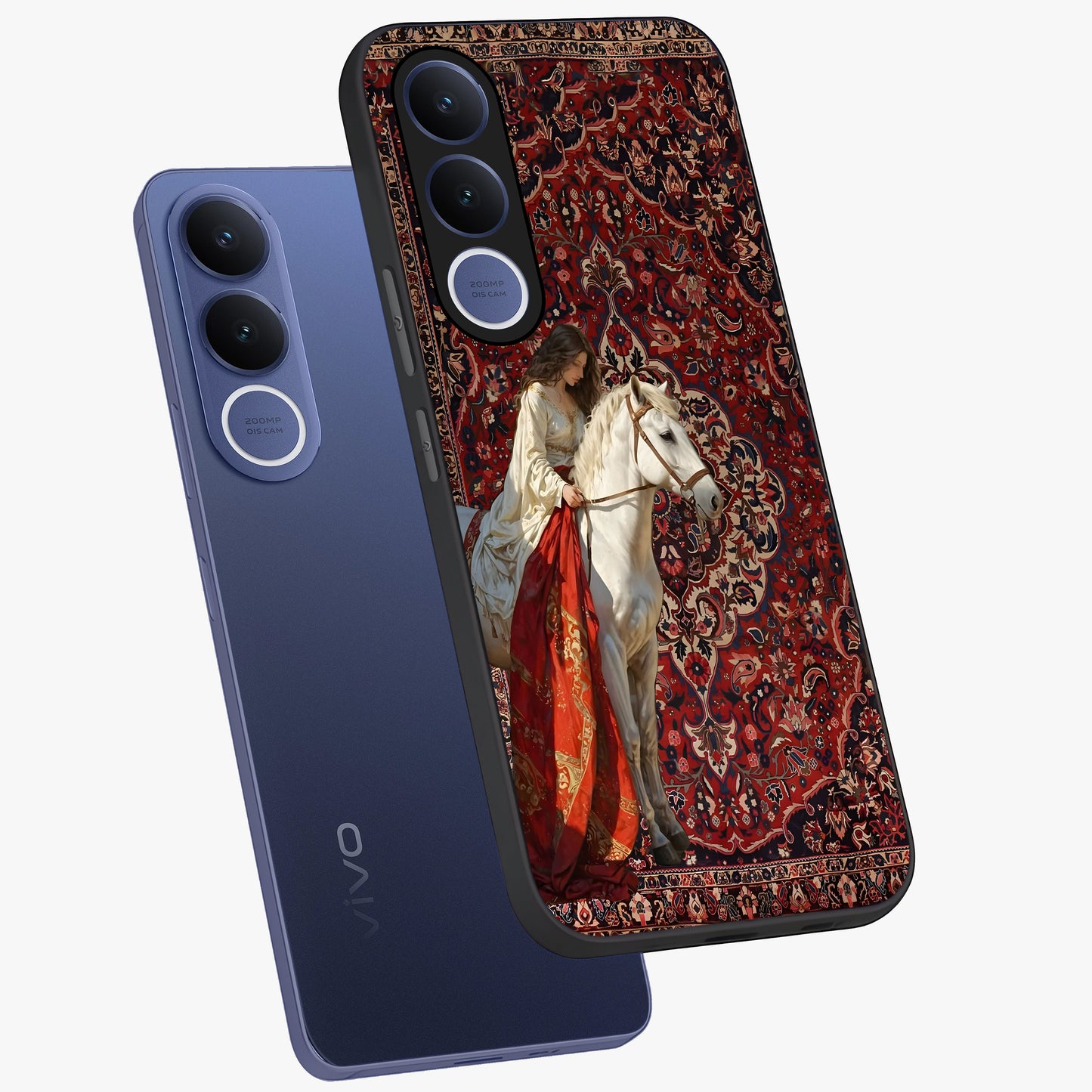 Royal Rider Tapestry Glass Case displayed in angled mockup highlighting traditional tapestry design with royal heritage aesthetic.