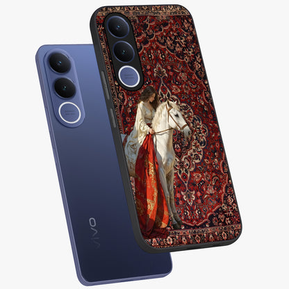 Royal Rider Tapestry Glass Case displayed in angled mockup highlighting traditional tapestry design with royal heritage aesthetic.