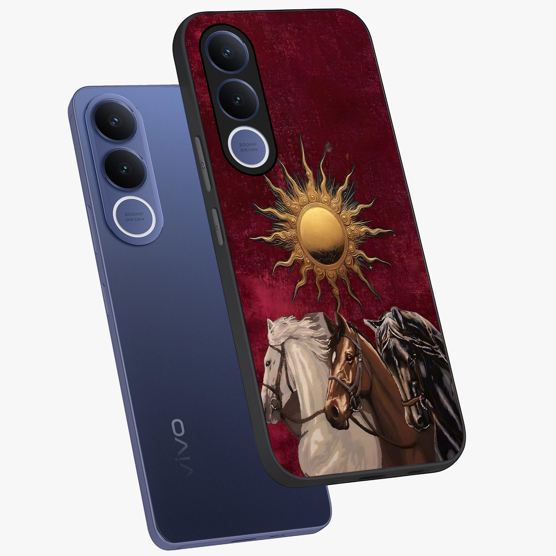 Solar Riders Glass Case displayed in angled mockup highlighting powerful rider illustration with radiant solar aesthetic.
