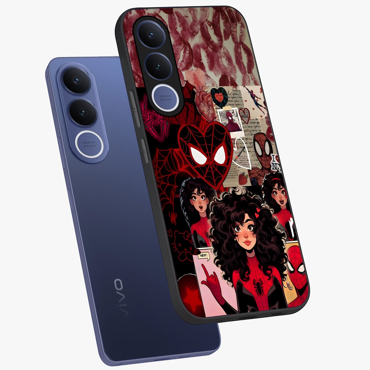 Spider Love Story Glass Case displayed in angled mockup highlighting expressive comic inspired design with playful aesthetic.