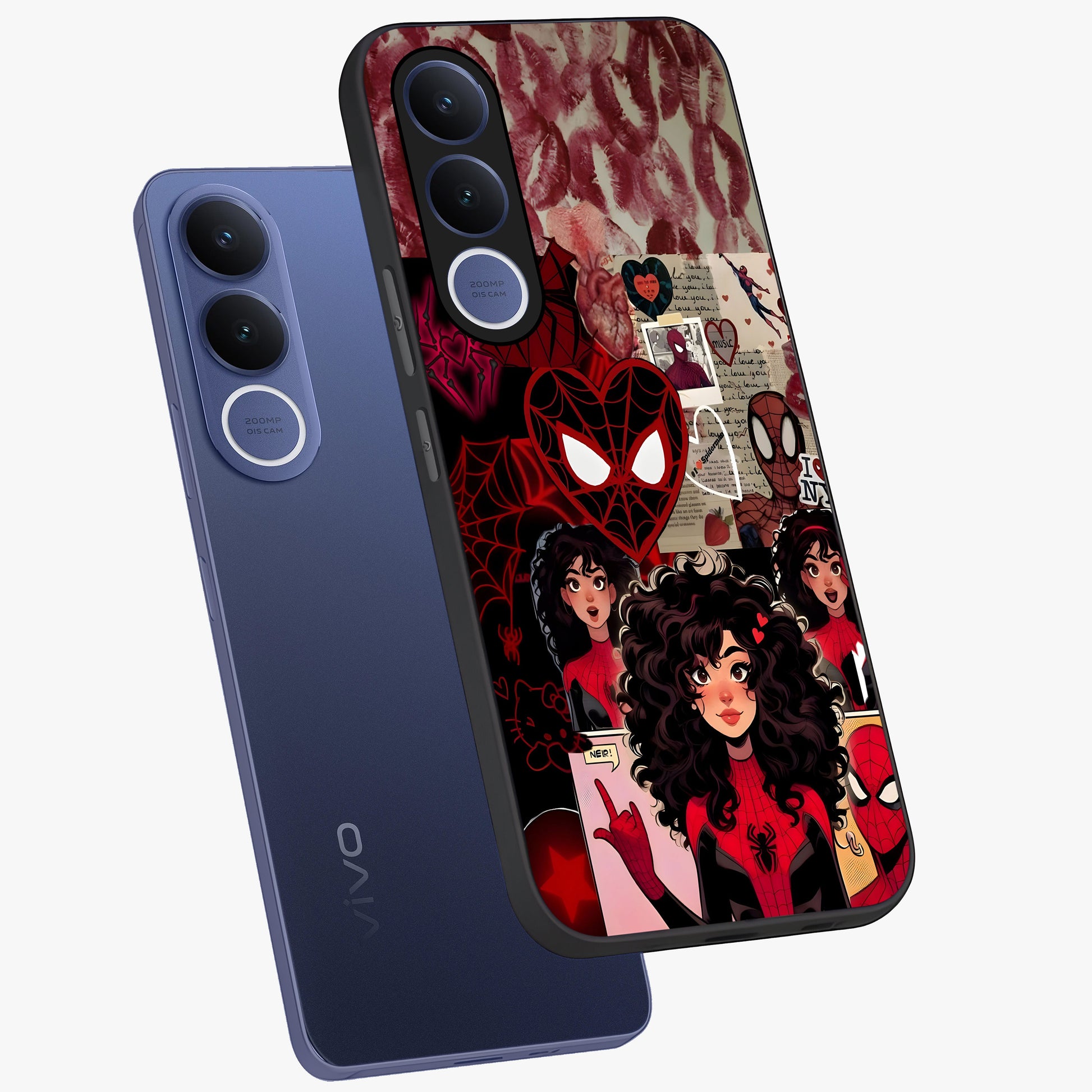Spider Love Story Glass Case displayed in angled mockup highlighting expressive comic inspired design with playful aesthetic.