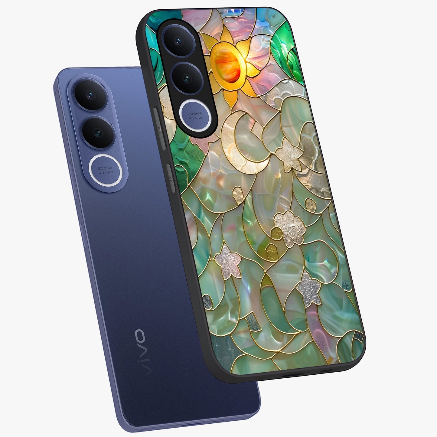 Stained Sunrise Glow Glass Case displayed in angled mockup highlighting radiant sunrise design with artistic aesthetic style.