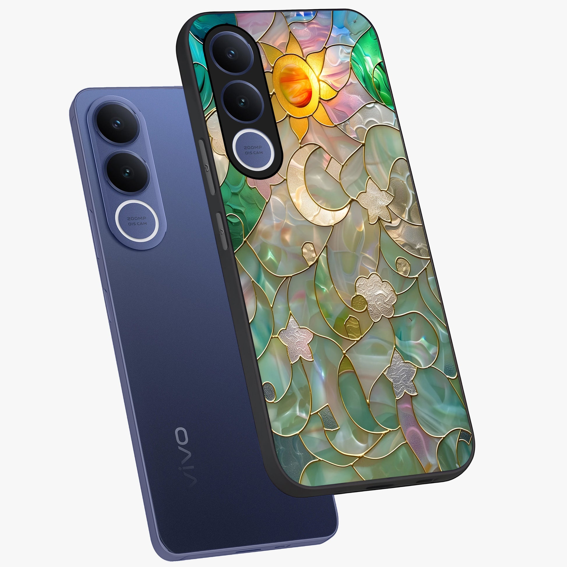 Stained Sunrise Glow Glass Case displayed in angled mockup highlighting radiant sunrise design with artistic aesthetic style.