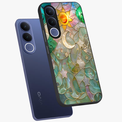 Stained Sunrise Glow Glass Case displayed in angled mockup highlighting radiant sunrise design with artistic aesthetic style.