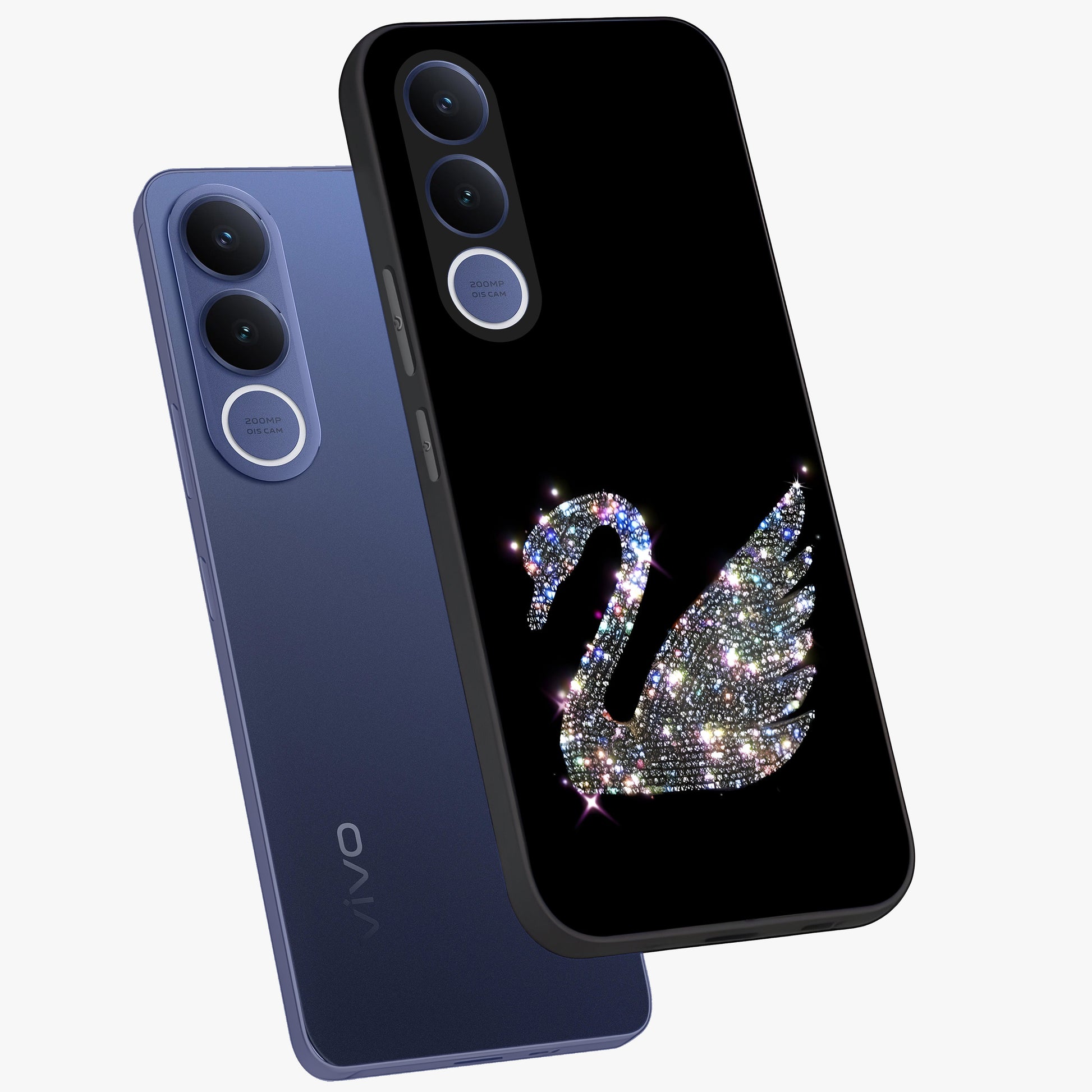 Starlit Swan Grace Glass Case displayed in angled mockup highlighting elegant swan illustration with dreamy celestial aesthetic.