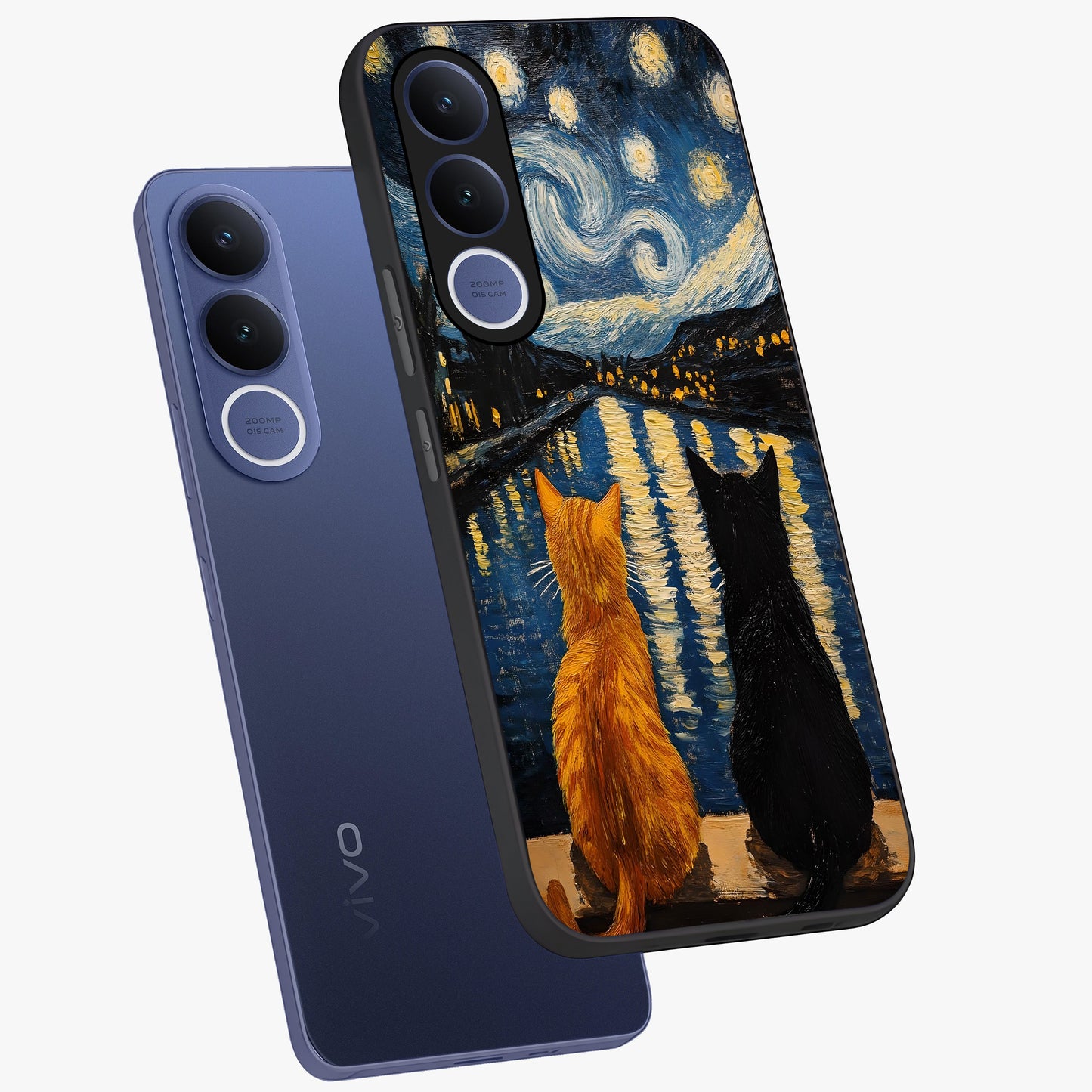Starry River Cats Glass Case displayed in angled mockup highlighting charming feline illustration with dreamy night aesthetic.