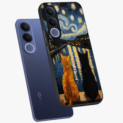 Starry River Cats Glass Case displayed in angled mockup highlighting charming feline illustration with dreamy night aesthetic.