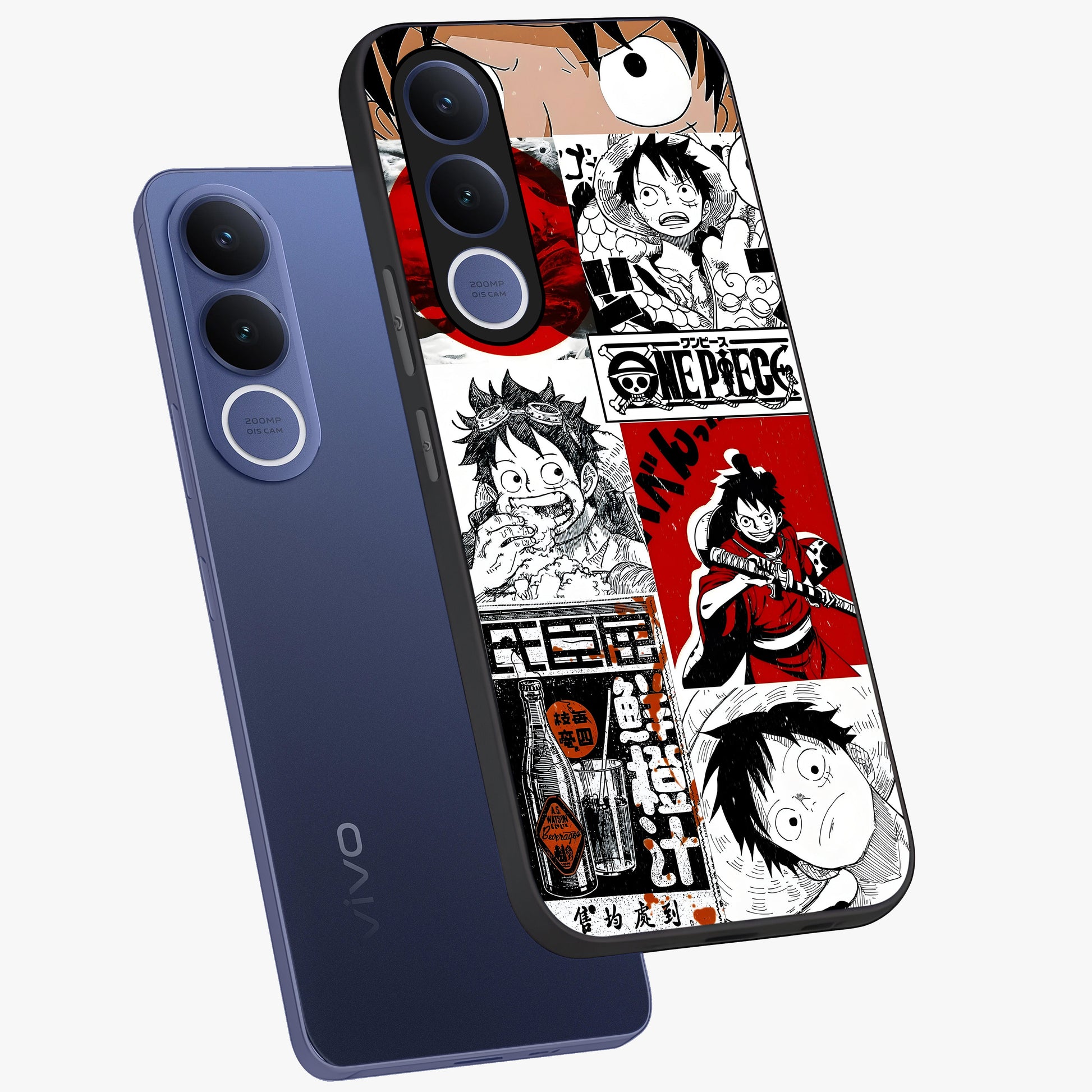 Strawhat Chaos Panels Glass Case displayed in angled mockup highlighting vibrant anime collage design with action aesthetic.