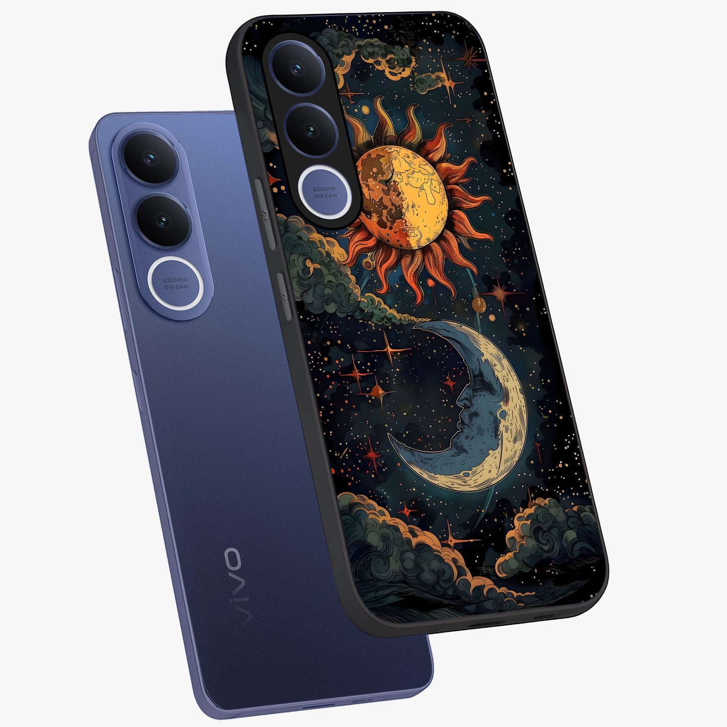 Sun And Moon Magic Design Glass Case displayed in angled mockup highlighting celestial design with magical cosmic aesthetic.