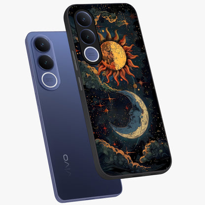 Sun And Moon Magic Design Glass Case displayed in angled mockup highlighting celestial design with magical cosmic aesthetic.