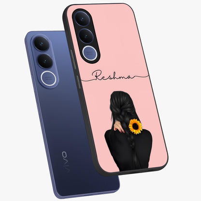 Sunflower Braid Beauty With Custom Name Glass Case displayed in angled mockup highlighting elegant sunflower design with custom name feature.