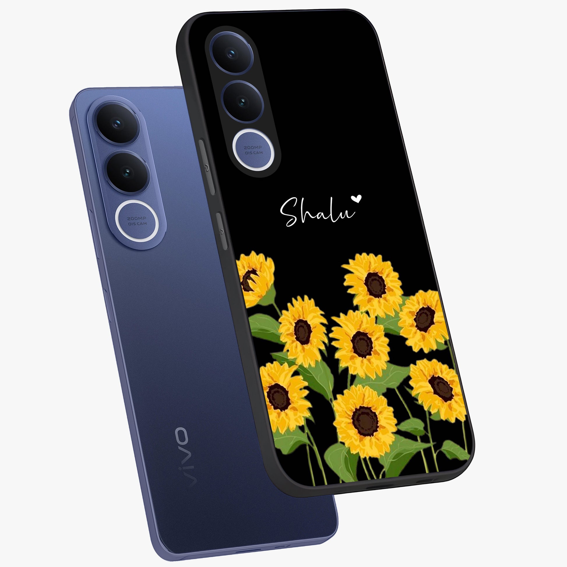 Sunflower Chic Mood Custom Name Glass Case displayed in angled mockup highlighting vibrant sunflower design with custom name feature.