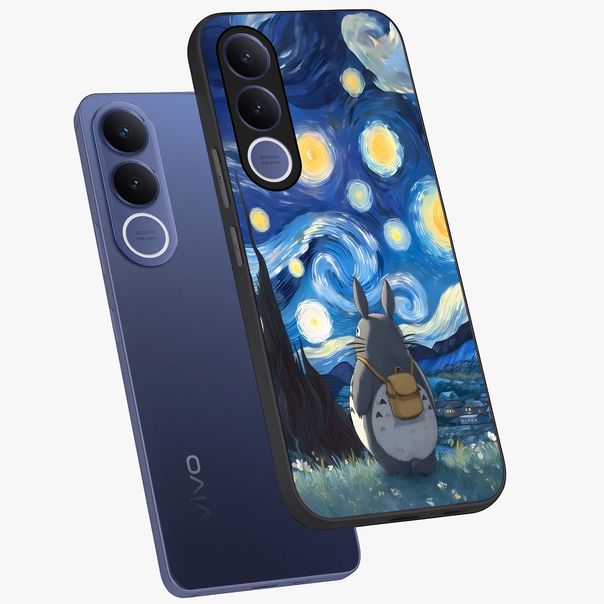 Totoro In Van Gogh Art Glass Case displayed in angled mockup highlighting artistic swirling sky design with playful animation aesthetic.