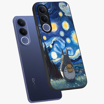 Totoro In Van Gogh Art Glass Case displayed in angled mockup highlighting artistic swirling sky design with playful animation aesthetic.