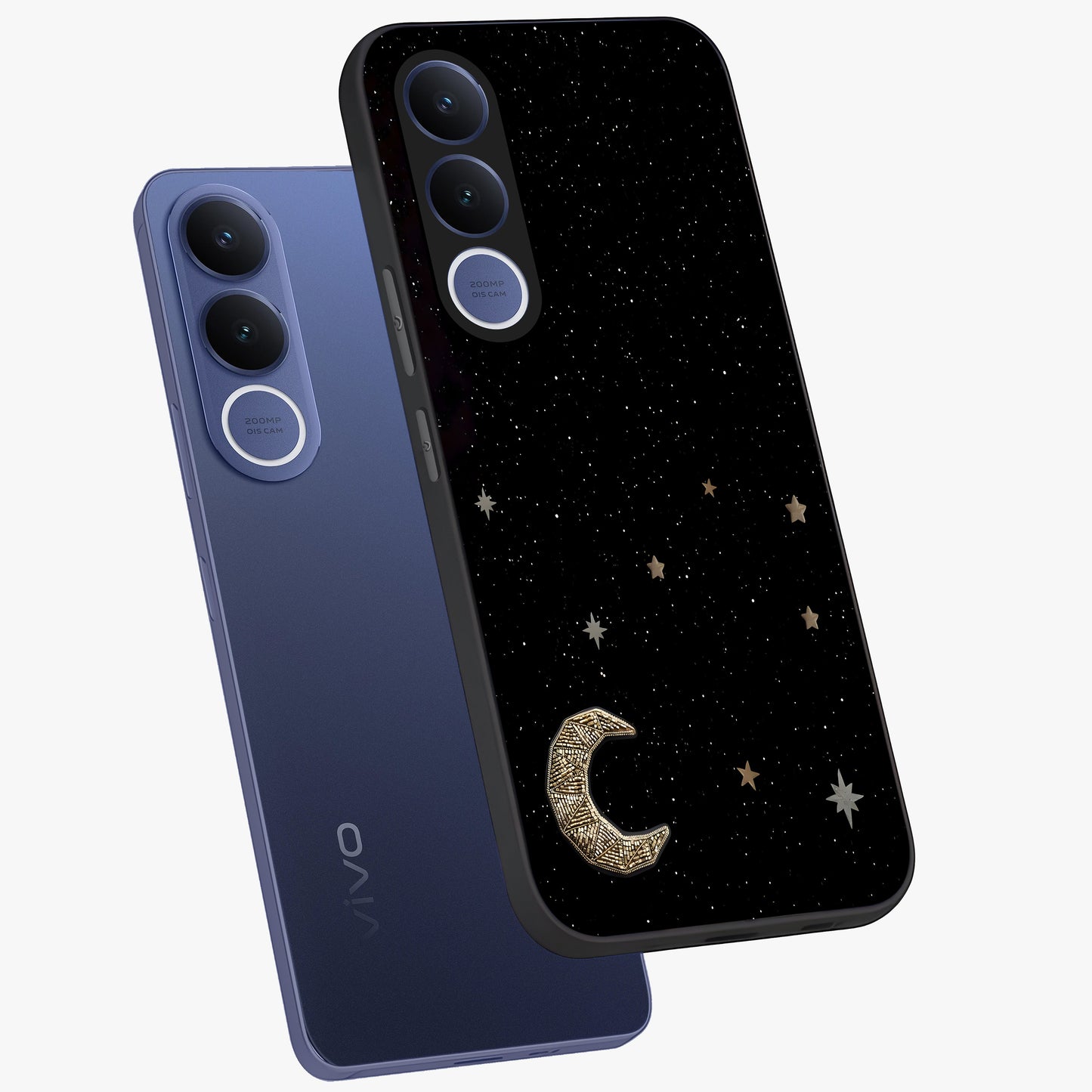 Twinkle Star With Half Moon Glass Case displayed in angled mockup highlighting celestial moon and star design with magical aesthetic.