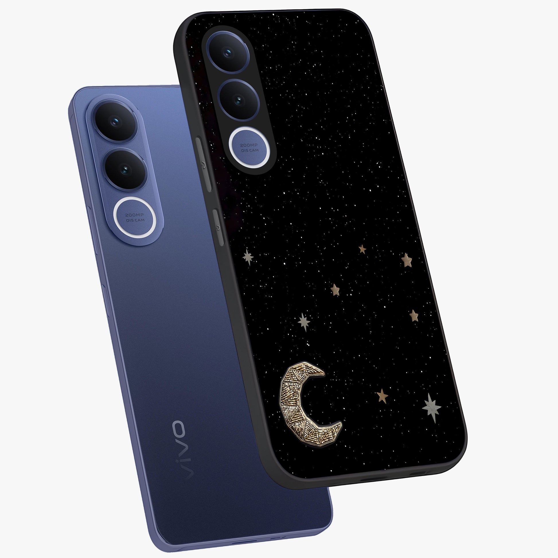 Twinkle Star With Half Moon Glass Case displayed in angled mockup highlighting celestial moon and star design with magical aesthetic.
