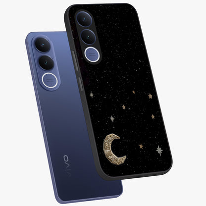 Twinkle Star With Half Moon Glass Case displayed in angled mockup highlighting celestial moon and star design with magical aesthetic.