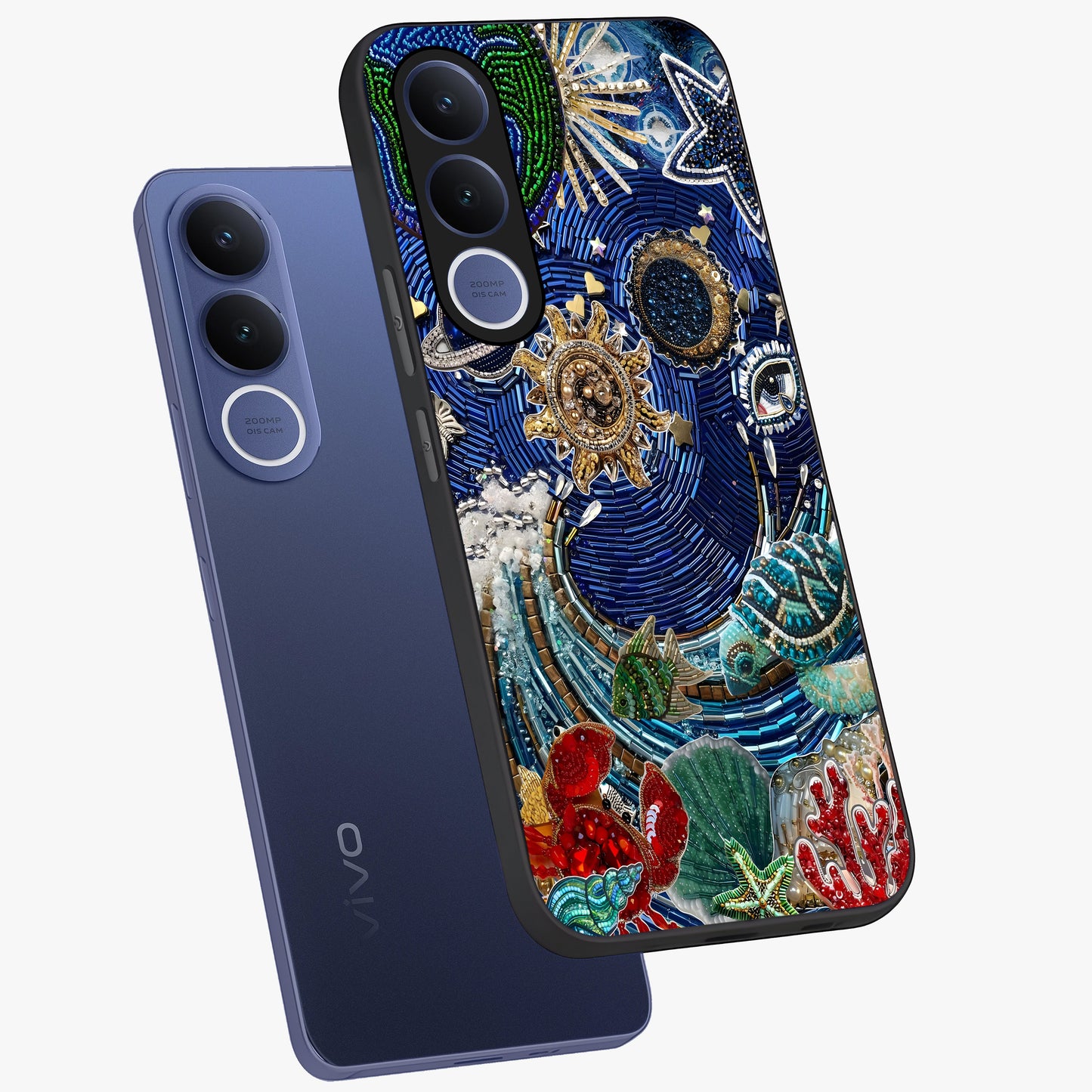 Universe Underwater Spark Glass Case displayed in angled mockup highlighting glowing aquatic design with celestial aesthetic.