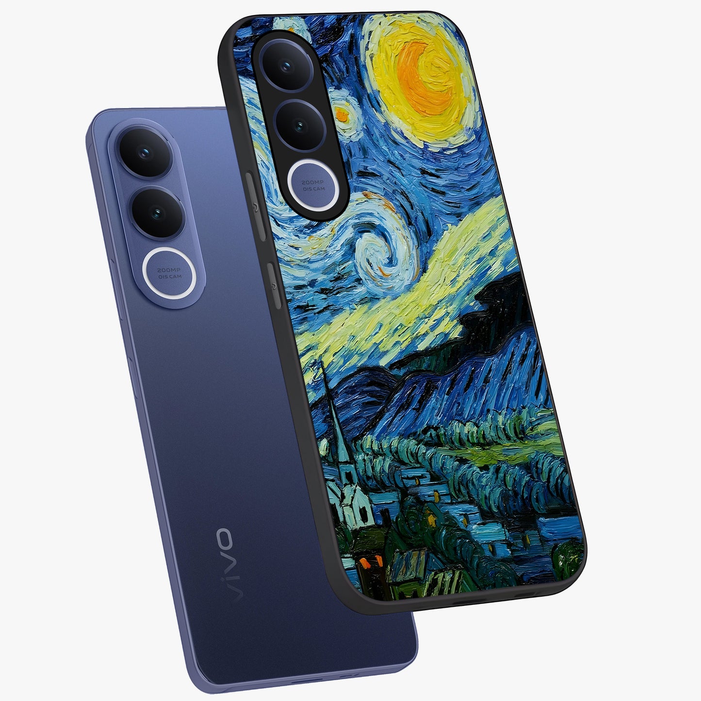 Van Gogh Art Glass Case displayed in angled mockup highlighting swirling brushstroke design with artistic aesthetic.