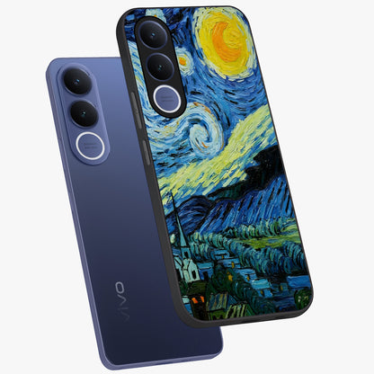 Van Gogh Art Glass Case displayed in angled mockup highlighting swirling brushstroke design with artistic aesthetic.