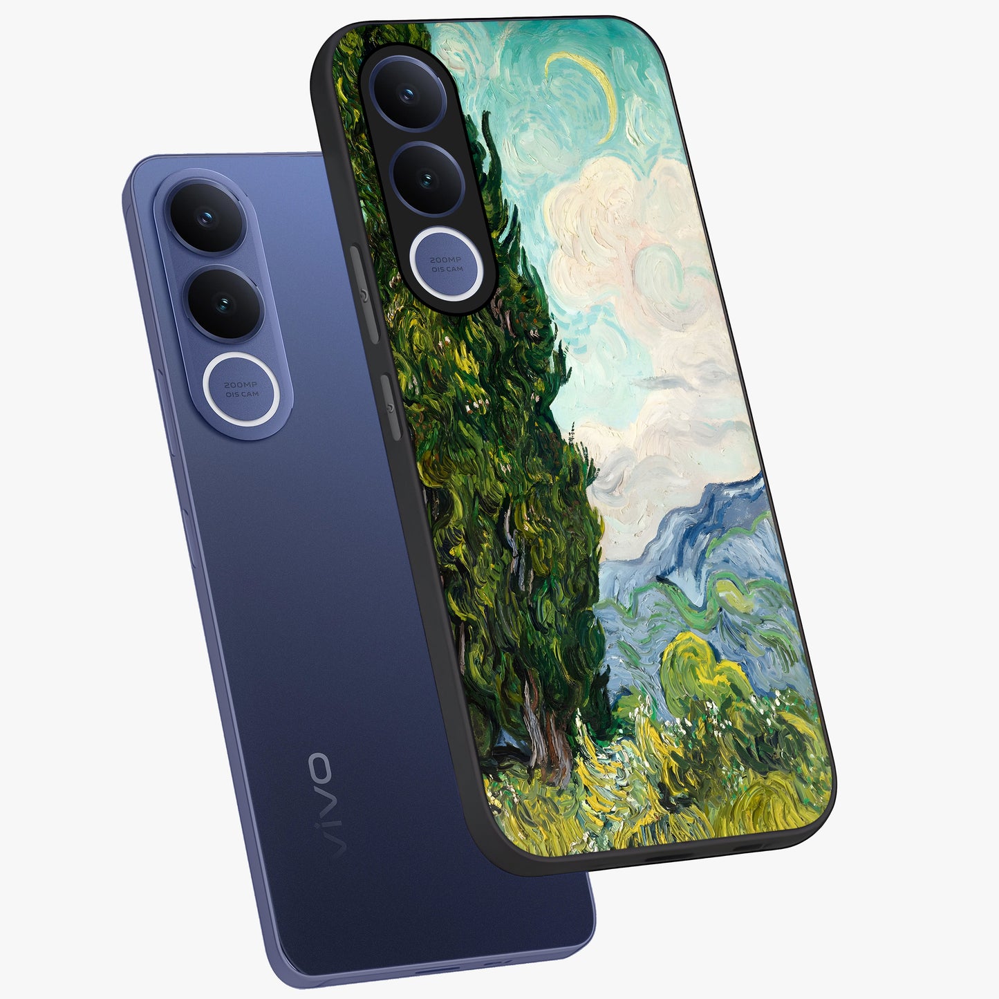 Van Gogh Vintage Art Glass Case displayed in angled mockup highlighting textured brushstroke design with classic aesthetic.