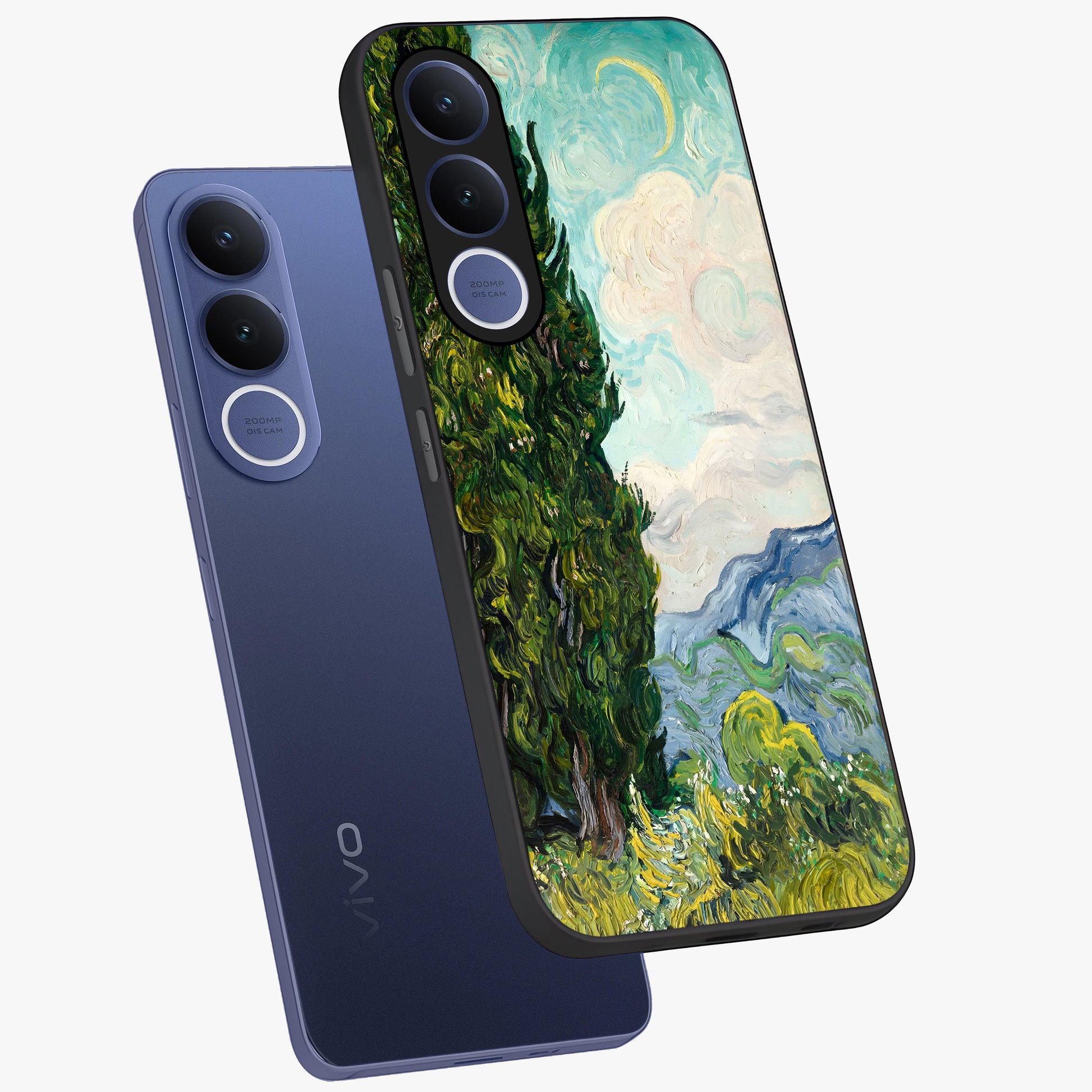 Van Gogh Vintage Art Glass Case displayed in angled mockup highlighting textured brushstroke design with classic aesthetic.